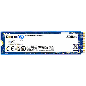 Kingston 500GB NV3 SSD M.2 2280 PCIe 4.0 NVMe, Lugemine: 5,000/ Kirjutamine: 3,000MB/s
