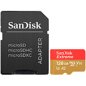 SanDisk Extreme microSDXC 128GB + SD Adapter + 1 year RescuePRO Deluxe up to 190MB/s & 90MB/s Read/Write speeds A2 C10 V30 UHS-I U3