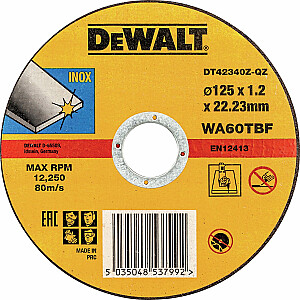 Dewalt griešanas disks nerūsējošajam tēraudam 125x1,2x22,2 plakans (DT42340Z-QZ)