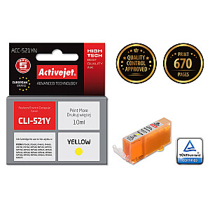 Activejet ACC-521YN tinte Canon printerim; Canon CLI-521Y nomaiņa; Augstākā; 10 ml; dzeltens