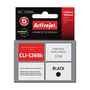 Activejet ACC-526BN tinte Canon printerim; Canon CLI-526Bk nomaiņa; Augstākā; 10 ml; melns