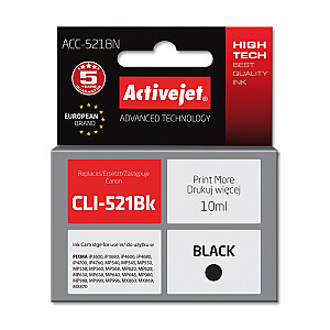 Activejet ACC-521BN tinte Canon printerim; Canon CLI-521Bk nomaiņa; Augstākā; 10 ml; melns