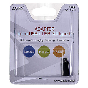 Savio AK-31 / B saskarnes kabelis / dzimuma adapteris Micro USB 3.1, tips C melns