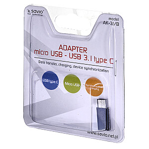 Savio AK-31 / B saskarnes kabelis / dzimuma adapteris Micro USB 3.1, tips C melns