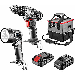 Графитовый набор: дрель / шуруповерт, фонарик, сумка, аккумулятор Energy + 18V, литий-ионный 2.0Ah, зарядное устройство (58G016)