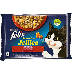 Felix Sensations - liellopa gaļa ar tomātiem un vistu ar burkāniem želejā - Mitrā barība kaķiem - 4 x 85g