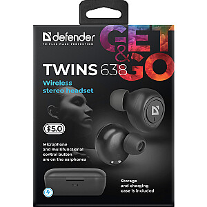 Беспроводная гарнитура Defender Twins 638 с наушниками-вкладышами для звонков/музыки Bluetooth, цвет черный