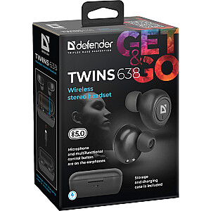 Bezvadu austiņas Defender Twins 638 ar Bluetooth zvanu/mūzikas ausīs ievietojamām austiņām, melnas