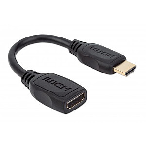 Manhetenas HDMI ar Ethernet pagarinājuma kabeli, 4K @ 60 Hz (Premium High Speed), vīrišķais–sieviete, 20 cm kabelis, melns, Ultra HD 4k x 2k, pilnībā ekranēts, zeltīti kontakti, mūža garantija, daudzslāņu maisiņš