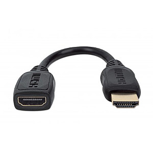 Manhetenas HDMI ar Ethernet pagarinājuma kabeli, 4K @ 60 Hz (Premium High Speed), vīrišķais–sieviete, 20 cm kabelis, melns, Ultra HD 4k x 2k, pilnībā ekranēts, zeltīti kontakti, mūža garantija, daudzslāņu maisiņš