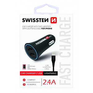 Swissten Premium Auto Lādētājs 12 - 24V / 1A + 2.1A + Lightning Datu Kabelis 1.2m