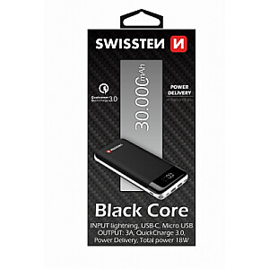 Swissten Black Core Premium Recovery Power Banka Uzlādes batereja 2.1A / USB / USB-C / 30000 mAh