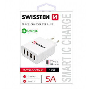 Swissten Smart IC Premium Tīkla Lādētājs USB 4x 2.1A / 25W / 5A Ar Automātisku Strāvas Stipruma Identifikāciju