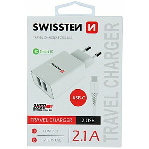 Swissten Smart IC Tīkla Lādētājs 2x USB 2.1A ar USB-C vadu 1.2 m