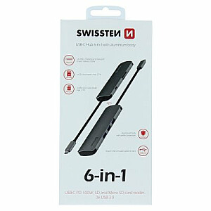 Swissten USB-C Sadalītājs 6in1 ar 3X USB 3.0 / 1X USB-C Power Delivery / 1X microSD / 1X SD / Alumīnija korpuss