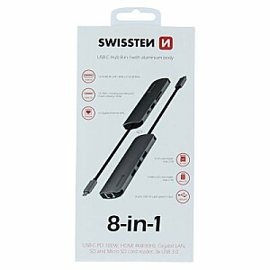 Разветвитель Swissten USB-C 8in1 с 3X USB 3.0 / 1X USB-C Power Delivery / 1X microSD / 1X SD / 1x HDMI 4K / 1x LAN RJ45 / Алюминиевый корпус