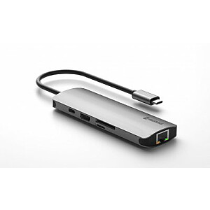 Разветвитель Swissten USB-C 8in1 с 3X USB 3.0 / 1X USB-C Power Delivery / 1X microSD / 1X SD / 1x HDMI 4K / 1x LAN RJ45 / Алюминиевый корпус