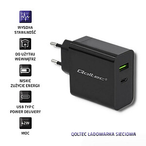 Зарядное устройство Qoltec 51717 | 42 Вт | 5-20В | 2,25-3А | USB тип C PD | USB | Чернить