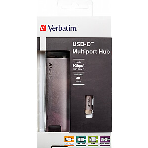 Интерфейсный концентратор Verbatim 49141 USB 3.2 Gen 1 (3.1 Gen 1) Type-C 1000 Мбит/с Черный, Серебристый