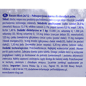 Josera BAVARO WORK ADULT 26/12 – 18 kg 15 kg dārzeņi