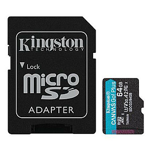 Kingstona microSDXC Canvas Go! Plus 64GB 170R A2 U3 V30 karte + adapteris