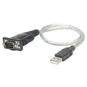 Manhetenas USB-A uz seriālo pārveidotāja kabelis, 45 cm, vīrišķais, Serial/RS232/COM/DB9, Prolific PL-2303RA mikroshēma, Startech ICUSB232V2 ekvivalents, melns/sudraba kabelis, 3 gadu garantija, blistera karte