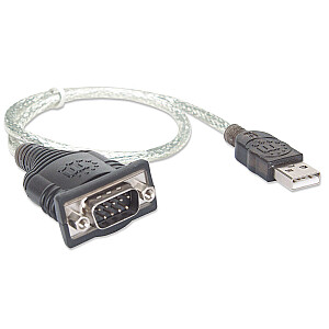 Manhetenas USB-A uz seriālo pārveidotāja kabelis, 45 cm, vīrišķais, Serial/RS232/COM/DB9, Prolific PL-2303RA mikroshēma, Startech ICUSB232V2 ekvivalents, melns/sudraba kabelis, 3 gadu garantija, blistera karte