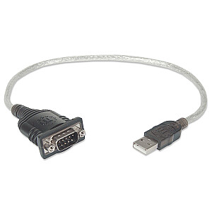 Manhetenas USB-A uz seriālo pārveidotāja kabelis, 45 cm, vīrišķais, Serial/RS232/COM/DB9, Prolific PL-2303RA mikroshēma, Startech ICUSB232V2 ekvivalents, melns/sudraba kabelis, 3 gadu garantija, blistera karte
