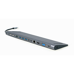 Gembird A-CM-COMBO9-01 Многопортовый адаптер USB Type-C 9-в-1 (USB-концентратор + HDMI + VGA + PD + кардридер + LAN + аудио 3,5 мм), космический серый