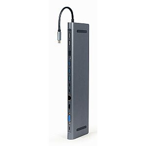 Gembird A-CM-COMBO9-01 9-in-1 USB Type-C daudzportu adapteris (USB centrmezgls + HDMI + VGA + PD + karšu lasītājs + LAN + 3,5 mm audio), kosmosa pelēks