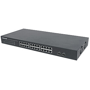 24-портовый коммутатор Intellinet Gigabit Ethernet с 2 портами SFP, 24 порта RJ45 10/100/1000 Мбит/с + 2 порта SFP, IEEE 802.3az (Energy Efficient Ethernet), монтаж в 19-дюймовую стойку, металл (2-контактный евроразъем)