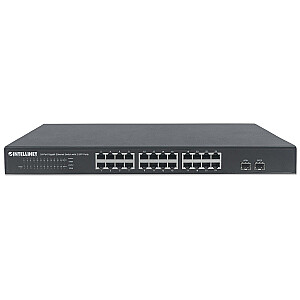 24 portu Intellinet Gigabit Ethernet slēdzis ar 2 SFP portiem, 24 RJ45 10/100/1000 Mb/s + 2 SFP porti, IEEE 802.3az (energoefektīvs Ethernet), 19 collu statīva stiprinājums, metāls (Euro 2-Pin)