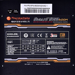Barošanas avots Thermaltake Smart SE2 600 W PS-SPS-0600MNSAWE-1 (600 W; aktīvs; 120 mm)