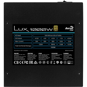 Aerocool LUX1000 datora barošanas avots 1000W 80 Plus zelta efektivitāte 90% melns