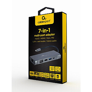 Gembird A-CM-COMBO7-01 7-in-1 USB Type-C daudzportu adapteris (Hub3.0 + HDMI + VGA + PD + karšu lasītājs + stereo audio), Space Grey