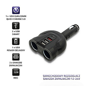 Qoltec 50641 Автомобильное зарядное устройство 12-24В | 52 Вт | 5В | 2,4 А | 2xUSB | USB контроль качества 3.0 | USB C PD | 2x разветвитель прикуривателя