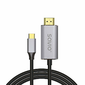 USB-C uz HDMI 2.0B kabelis, 2 m, sudraba/melns, ar zelta galiem, SAVIO CL-171