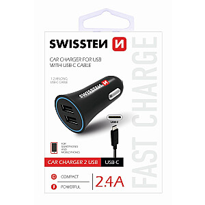 Swissten Premium Auto Lādētājs 12 / 24V / 1A + 2.1A + USB-C Datu Kabelis 1m