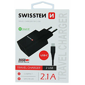 Swissten Smart IC Зарядное устройство 2x USB 2.1А c проводом USB-C 1.20 m