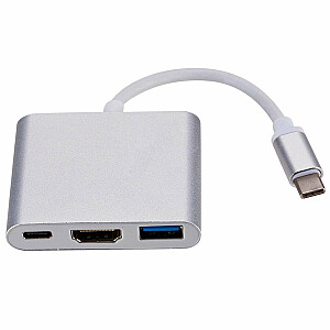 RoGer Multimedia Adapteris Type-C to HDMI (4K @ 30Hz, 1080P @ 60Hz) + USB 3.0 Sudraba