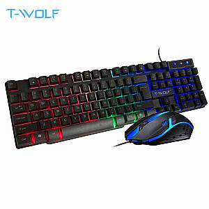 T-WOLF TF200 Spēļu komplekts 2in1 Multimedia Tastatūra ar LED / Pele / Melns