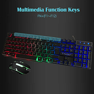 T-WOLF TF200 Spēļu komplekts 2in1 Multimedia Tastatūra ar LED / Pele / Melns