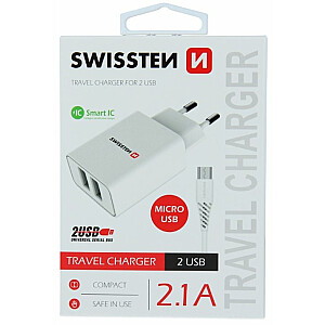 Swissten Travel Smart Ic 2x USB 2.1A + кабель USB - microUSB 1.2m белый