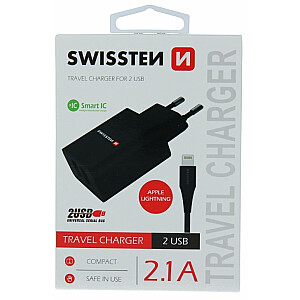 Swissten Travel Smart Ic 2x USB 2.1A + USB kabelis - Lightning 1.2m czarny
