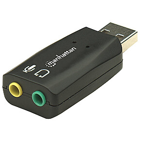 Manhetenas USB-A audio adapteris, 3,5 mm USB-A pieslēgvietas mikrofonam un audio izejai, 480 Mb/s (USB 2.0), 3D atbalsts un 5.1 virtuālā telpiskā skaņa, ātrdarbīgs USB, melns,  blisteris karti