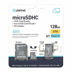 Platinet 4in1 128GB Micro SDHC Class 10 Atmiņas Karte + Karšu Lasītājs + OTG + Adapteris