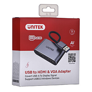 ADAPTERIS UNITEK USB-A — HDMI un VGA, FULLHD, M/F