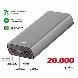 Swissten Aluminium Power Bank Переносная зарядная батарея 2xUSB / USB-C / Micro USB / 20W / 20000 mAh