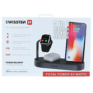 Swistten 4in1 MFI Wireless Docking Station 45 W / Беспроводная зарядная док-станция для Apple iPhone / Apple Watch / iPod