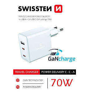 Swissten GaN зарядное устройство 2 x USB-C / USB / 70W